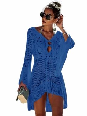 Vibrant Blue Crochet Beach Cover-Up Dress OSFM NWOT